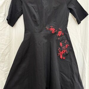 Hot Touch Black Red Floral Embroidered Gothic Dress Whimsygoth Steampunk L EUC